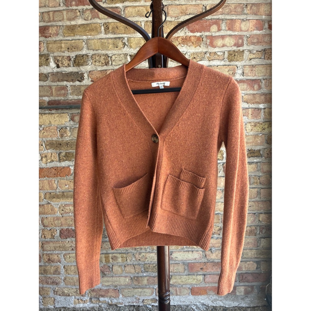 Madewell 100% Merino Wool Cardigan Sweater Burnt Orange Rust XXS Donegal Knit
